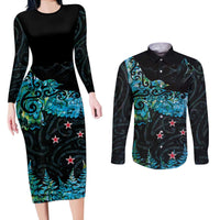 New Zealand Kea Bird Couples Matching Long Sleeve Bodycon Dress and Long Sleeve Button Shirt Maori Tattoo and Silver Fern Paua Shell Style LT03 Black - Polynesian Pride