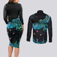 New Zealand Kea Bird Couples Matching Long Sleeve Bodycon Dress and Long Sleeve Button Shirt Maori Tattoo and Silver Fern Paua Shell Style LT03 - Polynesian Pride