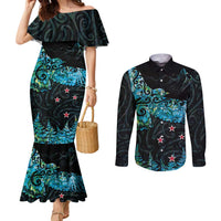 New Zealand Kea Bird Couples Matching Mermaid Dress and Long Sleeve Button Shirt Maori Tattoo and Silver Fern Paua Shell Style LT03 Black - Polynesian Pride
