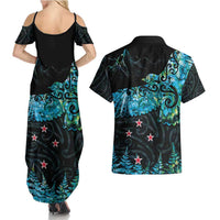 New Zealand Kea Bird Couples Matching Summer Maxi Dress and Hawaiian Shirt Maori Tattoo and Silver Fern Paua Shell Style LT03 - Polynesian Pride