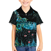 New Zealand Kea Bird Family Matching Off The Shoulder Long Sleeve Dress and Hawaiian Shirt Maori Tattoo and Silver Fern Paua Shell Style