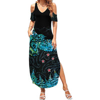 New Zealand Kea Bird Family Matching Summer Maxi Dress and Hawaiian Shirt Maori Tattoo and Silver Fern Paua Shell Style LT03 Mom's Dress Black - Polynesian Pride