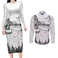 New Zealand Kea Bird Couples Matching Long Sleeve Bodycon Dress and Long Sleeve Button Shirt Maori Tattoo and Silver Fern White Color LT03 White - Polynesian Pride