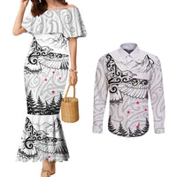 New Zealand Kea Bird Couples Matching Mermaid Dress and Long Sleeve Button Shirt Maori Tattoo and Silver Fern White Color LT03 White - Polynesian Pride