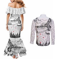 New Zealand Kea Bird Couples Matching Mermaid Dress and Long Sleeve Button Shirt Maori Tattoo and Silver Fern White Color LT03 - Polynesian Pride