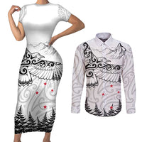 New Zealand Kea Bird Couples Matching Short Sleeve Bodycon Dress and Long Sleeve Button Shirt Maori Tattoo and Silver Fern White Color LT03 White - Polynesian Pride