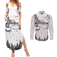 New Zealand Kea Bird Couples Matching Summer Maxi Dress and Long Sleeve Button Shirt Maori Tattoo and Silver Fern White Color LT03 White - Polynesian Pride