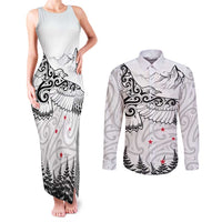 New Zealand Kea Bird Couples Matching Tank Maxi Dress and Long Sleeve Button Shirt Maori Tattoo and Silver Fern White Color LT03 White - Polynesian Pride