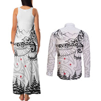 New Zealand Kea Bird Couples Matching Tank Maxi Dress and Long Sleeve Button Shirt Maori Tattoo and Silver Fern White Color LT03 - Polynesian Pride