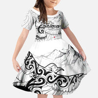 New Zealand Kea Bird Family Matching Mermaid Dress and Hawaiian Shirt Maori Tattoo and Silver Fern White Color LT03 Daughter's Dress White - Polynesian Pride