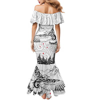 New Zealand Kea Bird Family Matching Mermaid Dress and Hawaiian Shirt Maori Tattoo and Silver Fern White Color LT03 - Polynesian Pride