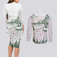 New Zealand Kea Bird Couples Matching Long Sleeve Bodycon Dress and Long Sleeve Button Shirt Maori Tattoo and Silver Fern Green Color LT03 - Polynesian Pride