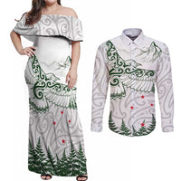 New Zealand Kea Bird Couples Matching Off Shoulder Maxi Dress and Long Sleeve Button Shirt Maori Tattoo and Silver Fern Green Color LT03 White - Polynesian Pride