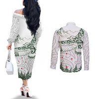 New Zealand Kea Bird Couples Matching Off The Shoulder Long Sleeve Dress and Long Sleeve Button Shirt Maori Tattoo and Silver Fern Green Color LT03 - Polynesian Pride