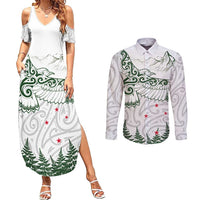 New Zealand Kea Bird Couples Matching Summer Maxi Dress and Long Sleeve Button Shirt Maori Tattoo and Silver Fern Green Color LT03 White - Polynesian Pride