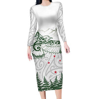 New Zealand Kea Bird Family Matching Long Sleeve Bodycon Dress and Hawaiian Shirt Maori Tattoo and Silver Fern Green Color