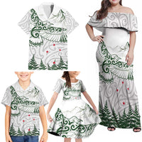 New Zealand Kea Bird Family Matching Off Shoulder Maxi Dress and Hawaiian Shirt Maori Tattoo and Silver Fern Green Color LT03 - Polynesian Pride