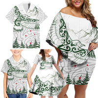 New Zealand Kea Bird Family Matching Off Shoulder Short Dress and Hawaiian Shirt Maori Tattoo and Silver Fern Green Color LT03 - Polynesian Pride