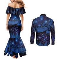 New Zealand Kea Bird Couples Matching Mermaid Dress and Long Sleeve Button Shirt Maori Tattoo and Silver Fern Matariki Style LT03 - Polynesian Pride