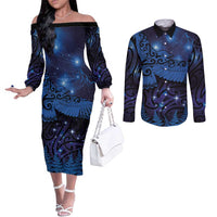 New Zealand Kea Bird Couples Matching Off The Shoulder Long Sleeve Dress and Long Sleeve Button Shirt Maori Tattoo and Silver Fern Matariki Style LT03 Blue - Polynesian Pride
