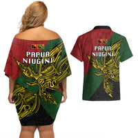 Papua New Guinea Chimbu Province Couples Matching Off Shoulder Short Dress and Hawaiian Shirt PNG Birds Of Paradise Polynesian Arty Style LT03 - Polynesian Pride