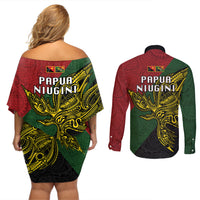 Papua New Guinea Chimbu Province Couples Matching Off Shoulder Short Dress and Long Sleeve Button Shirts PNG Birds Of Paradise Polynesian Arty Style LT03 - Polynesian Pride