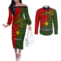 Custom Papua New Guinea Eastern Highlands Province Couples Matching Off The Shoulder Long Sleeve Dress and Long Sleeve Button Shirts PNG Birds Of Paradise Polynesian Arty Style LT03 Green - Polynesian Pride