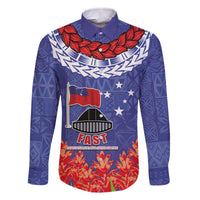 FAST Party Samoa Family Matching Off Shoulder Short Dress and Hawaiian Shirt Ula Fala Teuila Polynesian Tapa Pattern LT03 Dad's Shirt - Long Sleeve Blue - Polynesian Pride
