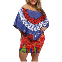 FAST Party Samoa Family Matching Off Shoulder Short Dress and Hawaiian Shirt Ula Fala Teuila Polynesian Tapa Pattern LT03 Mom's Dress Blue - Polynesian Pride