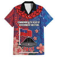 CHOGM FAST Samoa 2024 Family Matching Off The Shoulder Long Sleeve Dress and Hawaiian Shirt Samoan Tapa Tribal and Ornament Pattern with Hibiscus LT03 Dad's Shirt - Short Sleeve Blue - Polynesian Pride