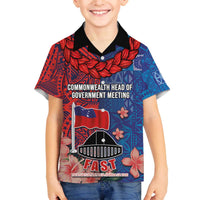 CHOGM FAST Samoa 2024 Family Matching Off The Shoulder Long Sleeve Dress and Hawaiian Shirt Samoan Tapa Tribal and Ornament Pattern with Hibiscus LT03 Son's Shirt Blue - Polynesian Pride