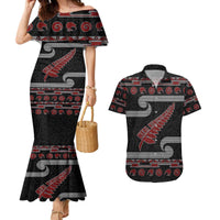 New Zealand Christmas Couples Matching Mermaid Dress and Hawaiian Shirt Meri Kirihimete Silver Fern Knit Style Red Color - Polynesian Pride