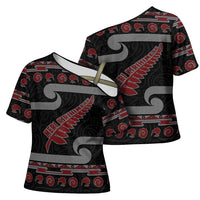 New Zealand Christmas Cross Shoulder Shirt Meri Kirihimete Silver Fern Knit Style Red Color - Polynesian Pride