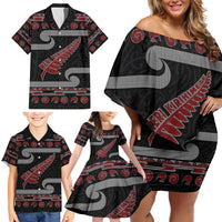 New Zealand Christmas Family Matching Off Shoulder Short Dress and Hawaiian Shirt Meri Kirihimete Silver Fern Knit Style Red Color - Polynesian Pride