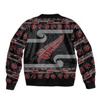 New Zealand Christmas Sleeve Zip Bomber Jacket Meri Kirihimete Silver Fern Knit Style Red Color LT03 - Polynesian Pride