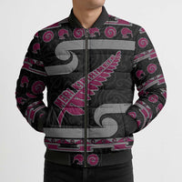 New Zealand Christmas Bomber Puffer Jacket Meri Kirihimete Silver Fern Knit Style Pink Color - Polynesian Pride