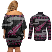 New Zealand Christmas Couples Matching Off Shoulder Short Dress and Long Sleeve Button Shirt Meri Kirihimete Silver Fern Knit Style Pink Color LT03 - Polynesian Pride