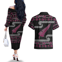 New Zealand Christmas Couples Matching Off The Shoulder Long Sleeve Dress and Hawaiian Shirt Meri Kirihimete Silver Fern Knit Style Pink Color - Polynesian Pride