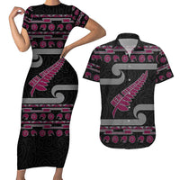 New Zealand Christmas Couples Matching Short Sleeve Bodycon Dress and Hawaiian Shirt Meri Kirihimete Silver Fern Knit Style Pink Color - Polynesian Pride