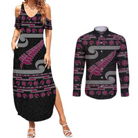 New Zealand Christmas Couples Matching Summer Maxi Dress and Long Sleeve Button Shirt Meri Kirihimete Silver Fern Knit Style Pink Color LT03 Pink - Polynesian Pride