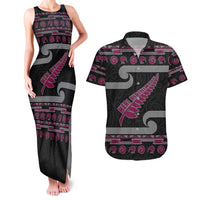 New Zealand Christmas Couples Matching Tank Maxi Dress and Hawaiian Shirt Meri Kirihimete Silver Fern Knit Style Pink Color - Polynesian Pride