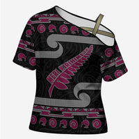 New Zealand Christmas Cross Shoulder Shirt Meri Kirihimete Silver Fern Knit Style Pink Color LT03 Female Pink - Polynesian Pride