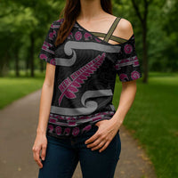 New Zealand Christmas Cross Shoulder Shirt Meri Kirihimete Silver Fern Knit Style Pink Color LT03 - Polynesian Pride