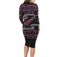 New Zealand Christmas Family Matching Long Sleeve Bodycon Dress and Hawaiian Shirt Meri Kirihimete Silver Fern Knit Style Pink Color - Polynesian Pride