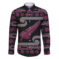 New Zealand Christmas Family Matching Off The Shoulder Long Sleeve Dress and Hawaiian Shirt Meri Kirihimete Silver Fern Knit Style Pink Color - Polynesian Pride