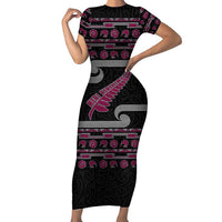 New Zealand Christmas Family Matching Short Sleeve Bodycon Dress and Hawaiian Shirt Meri Kirihimete Silver Fern Knit Style Pink Color - Polynesian Pride