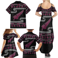 New Zealand Christmas Family Matching Summer Maxi Dress and Hawaiian Shirt Meri Kirihimete Silver Fern Knit Style Pink Color - Polynesian Pride