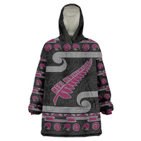 New Zealand Christmas Wearable Blanket Hoodie Meri Kirihimete Silver Fern Knit Style Pink Color - Polynesian Pride
