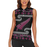 New Zealand Christmas Women Sleeveless Polo Shirt Meri Kirihimete Silver Fern Knit Style Pink Color - Polynesian Pride
