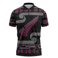 New Zealand Christmas Zipper Polo Shirt Meri Kirihimete Silver Fern Knit Style Pink Color LT03 Pink - Polynesian Pride